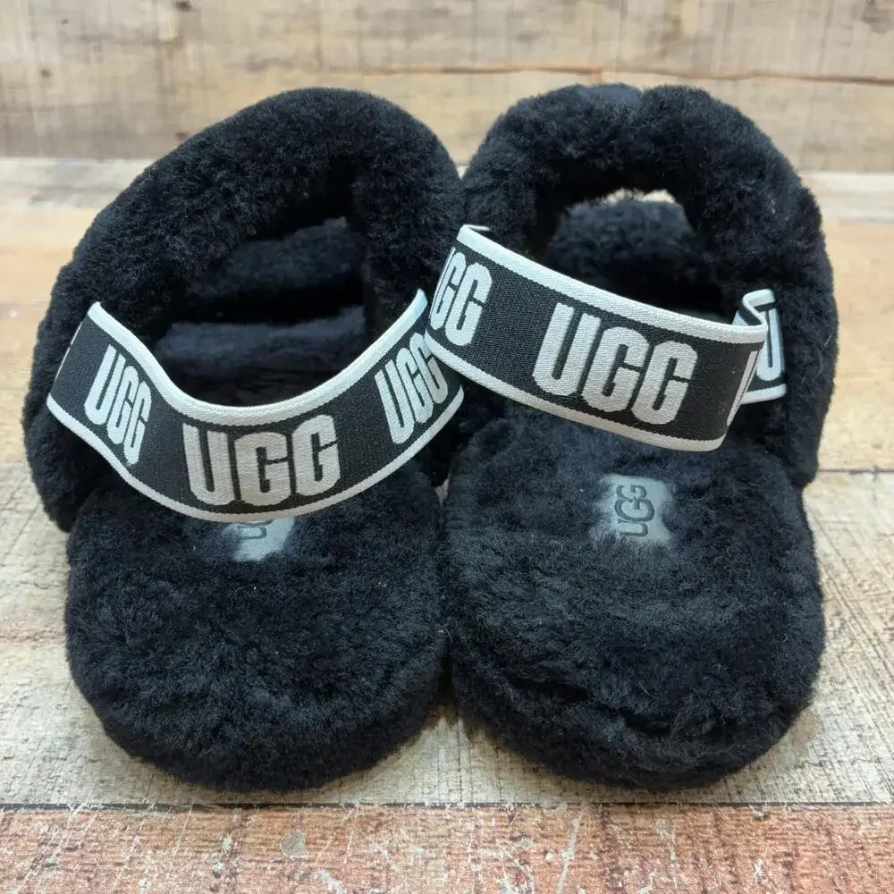 UGG 1115732K Slippers Youth Size 5 37 Black Shearling Fluff Yeah Slide Shoes